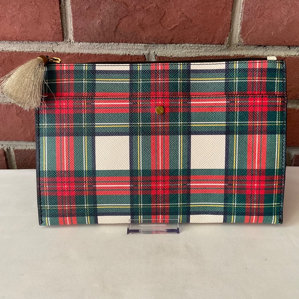 NWT J.Crew Leather Tartan Plaid Zip Clutch NEW